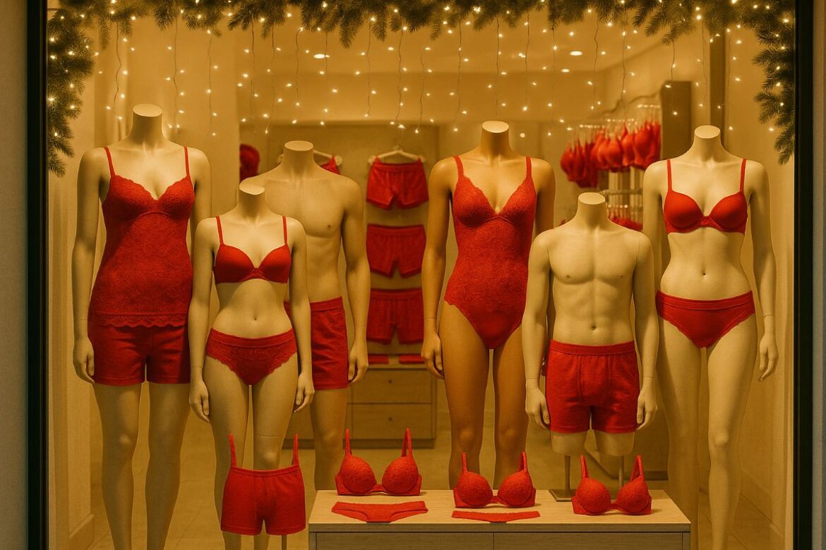 Rood ondergoed in etalage voor Oud en Nieuw in Spanje