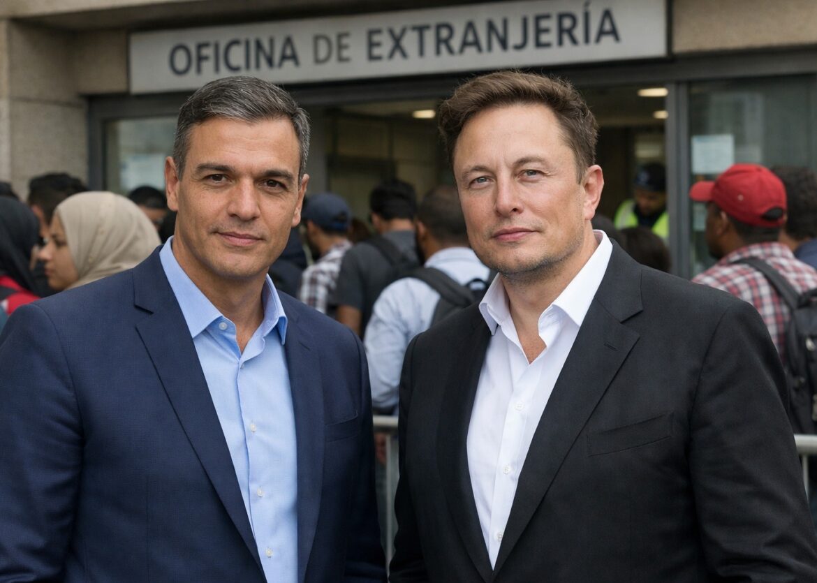 Premier Sánchez en Elon Musk voor een immigratiekantoor