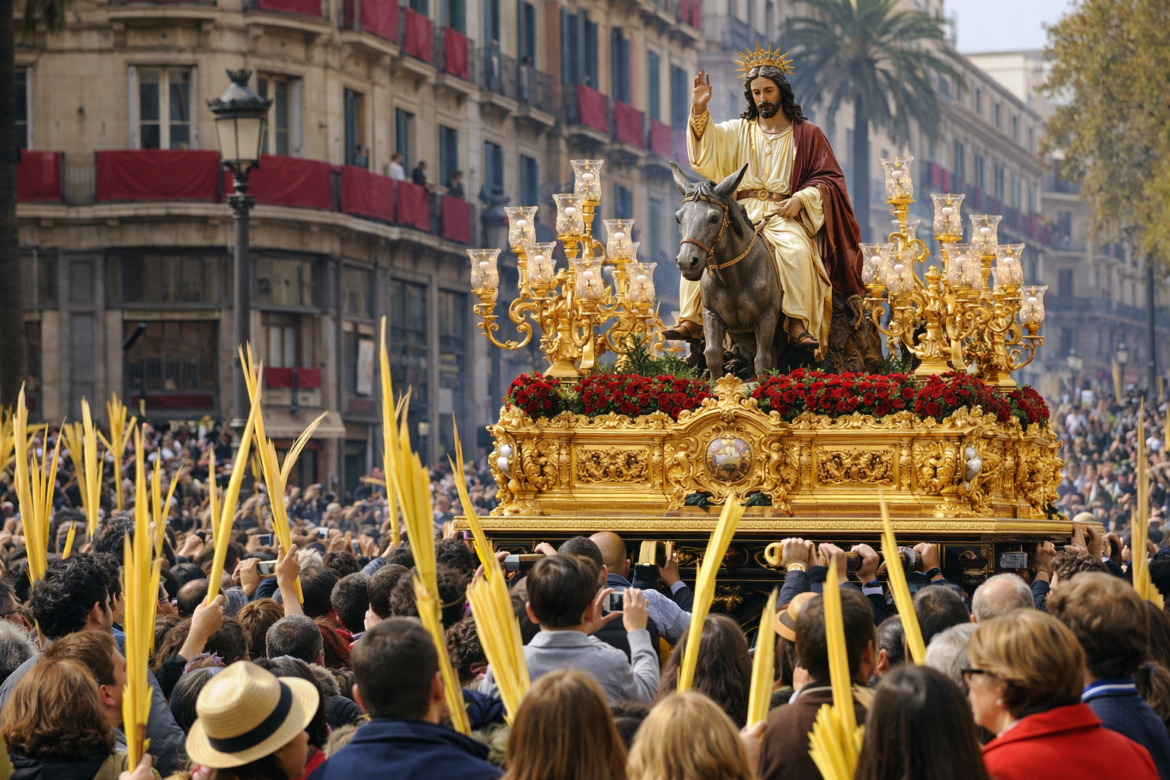 Jezus op een ezel op een draagbaar komt symbolisch Jeruzalem binnen tijdens Domingo de Ramos