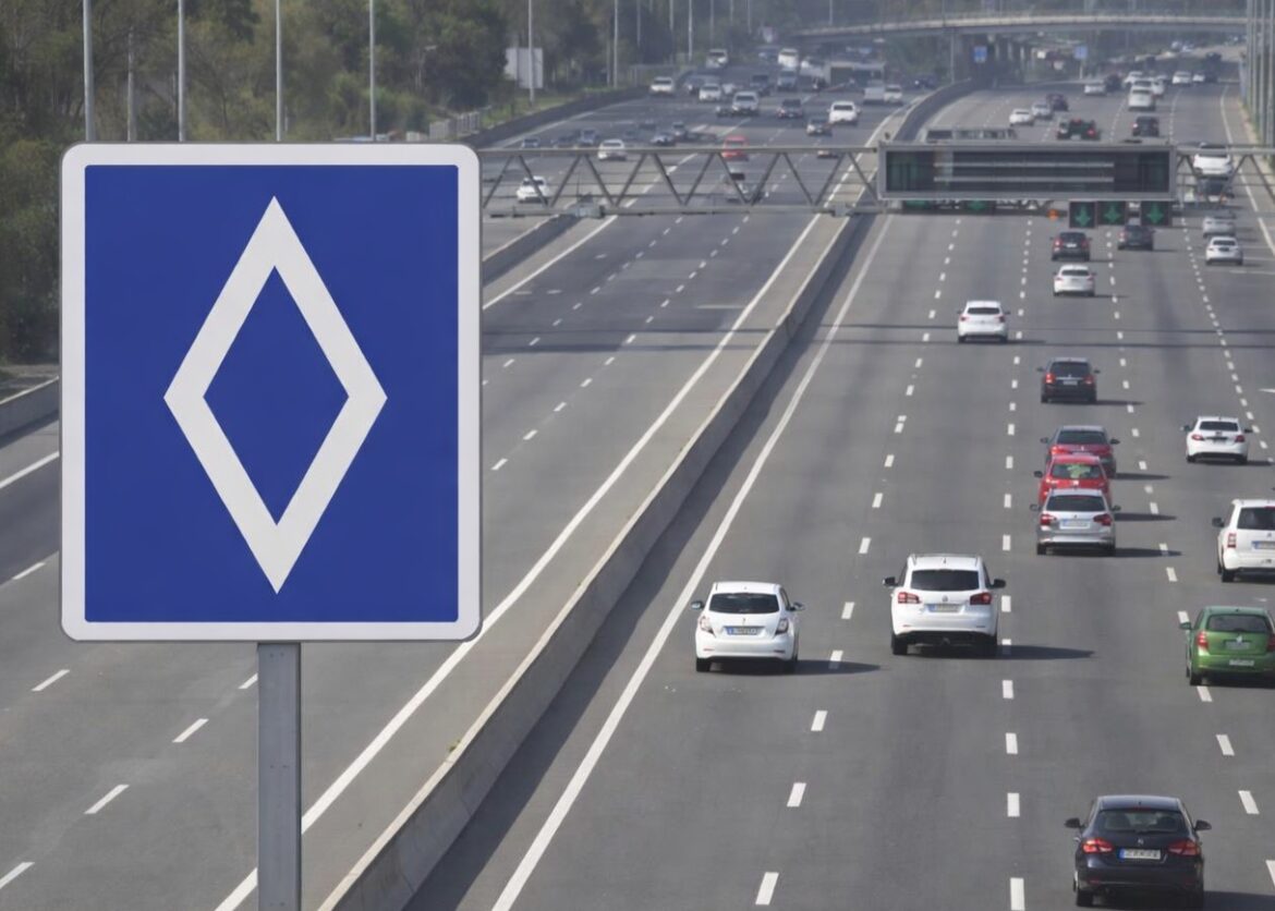 Dit betekent het verkeersbord met witte ruit op blauwe achtergrond in Spanje