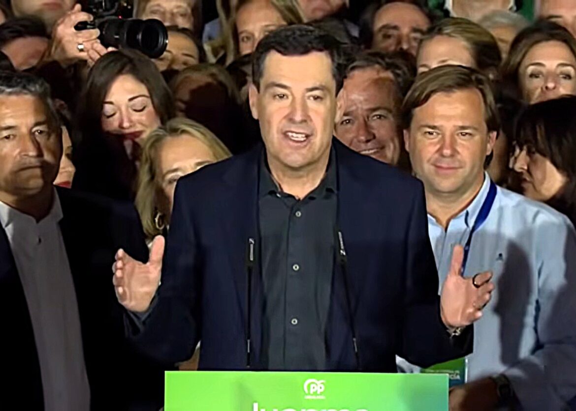 Juanma Moreno spreekt partijleden toe: Zijn PP wint de verkiezingen in Andalusië