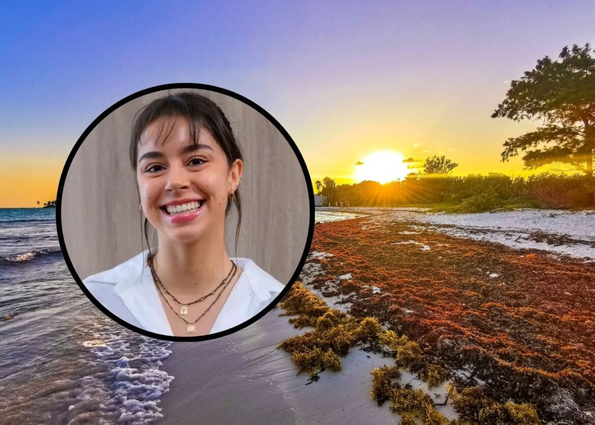 Caribisch strand met algen erop en Elena Martínez in de inet