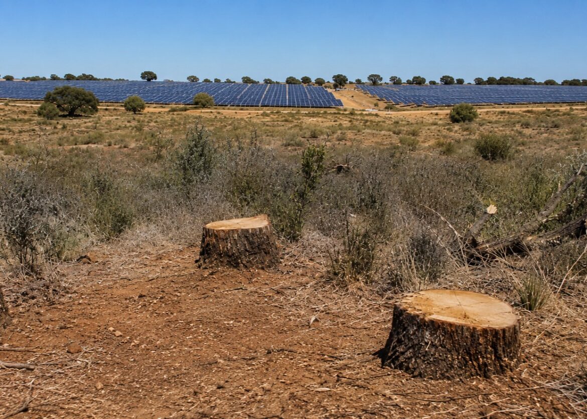 Spaans landschap met op de voorgrond gekapte bomen en daarachter zonnepanelen