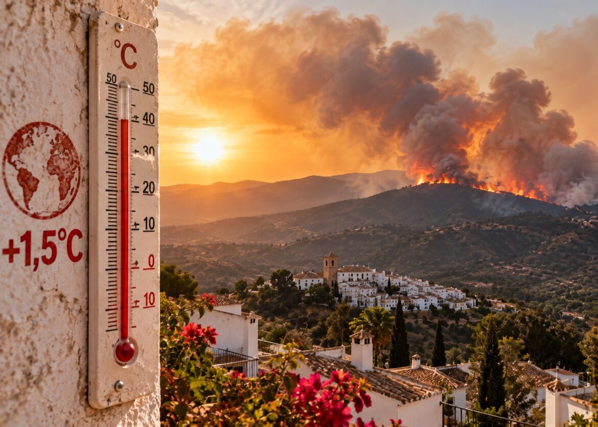 thermometer met +1,5 graad voor een Spaans landschap waar in de verte een bosbrand woedt