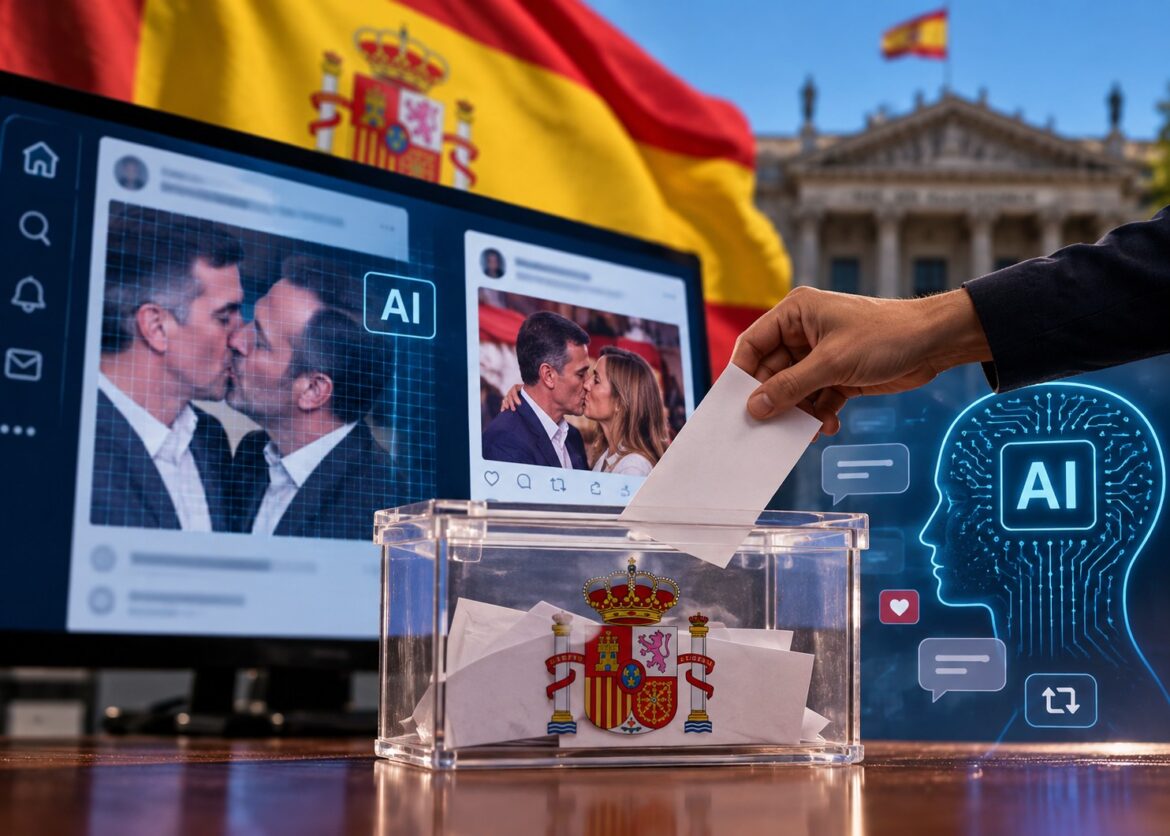 AI in Spaanse verkiezingen: illustratie van een Spaanse stembus, gemanipuleerde politieke beelden en kunstmatige intelligentie.