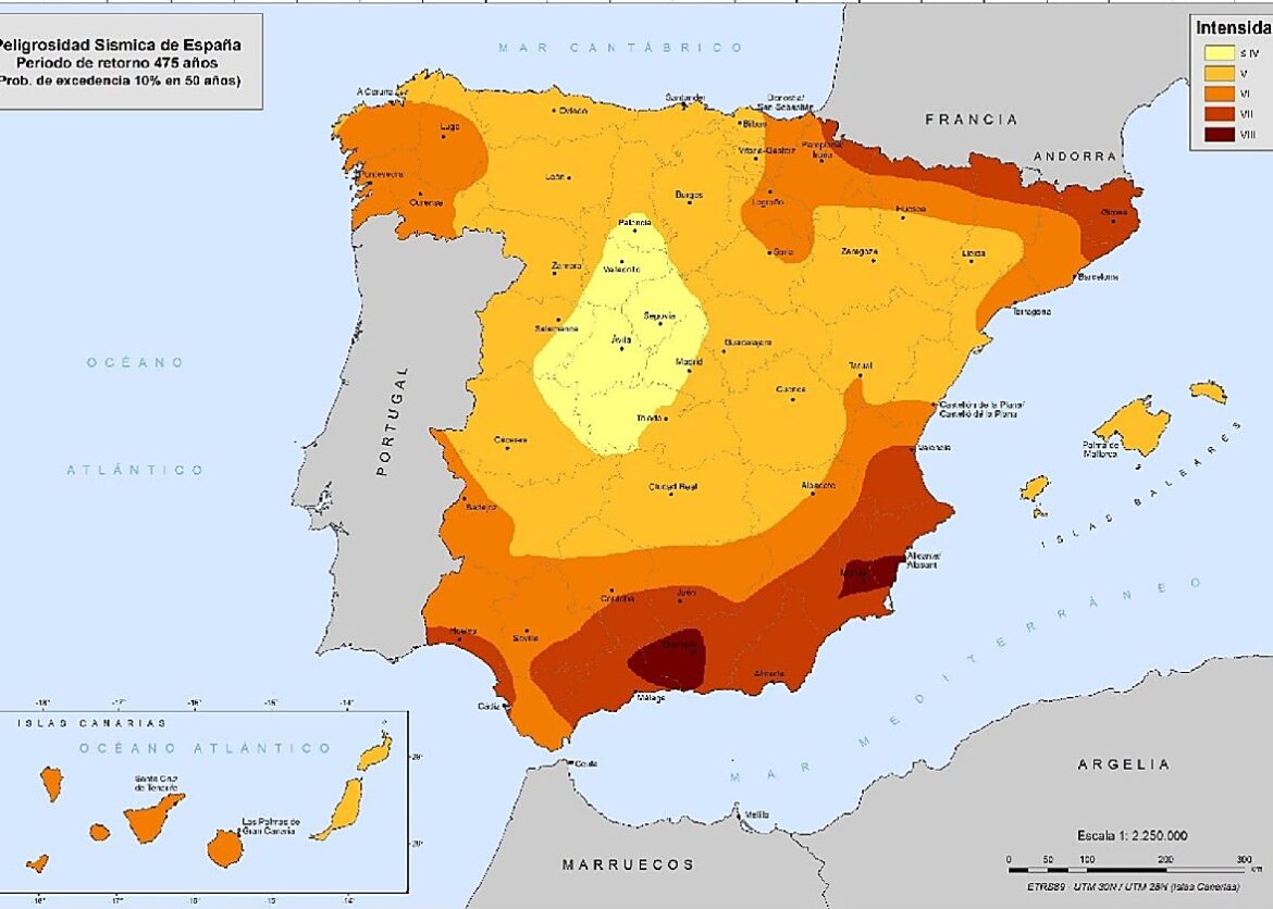 risicokaart van aardbevingen in Spanje zoals gepubliceerd in BOE